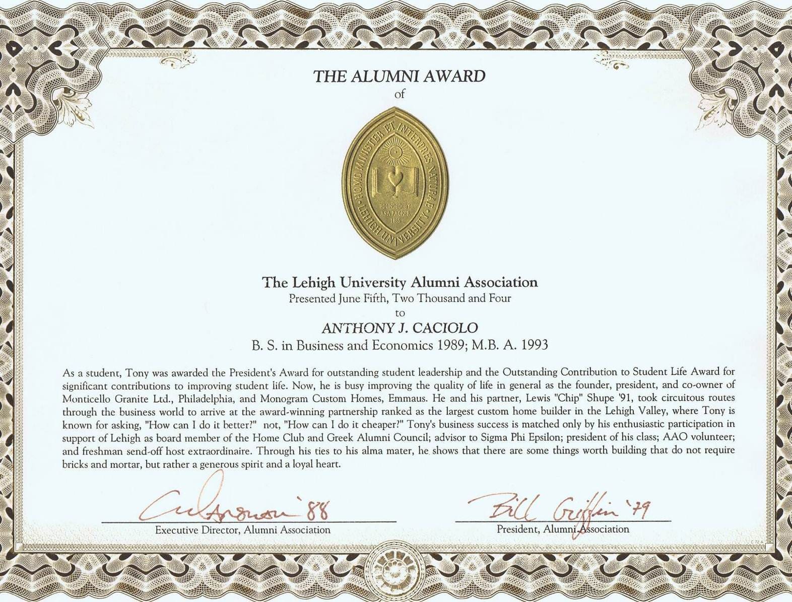 Lehigh University Alumni of the year award