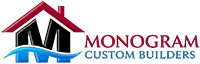 Logo for Monogram Custom Builders featuring a stylized letter M topped with a house roof and underlined by a blue wave.
