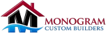 Logo for Monogram Custom Builders featuring a black letter M shaped like a house with a red roof and a blue wave graphic at the base.