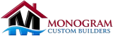 Logo for Monogram Custom Builders featuring a black letter M shaped like a house with a red roof and a blue wave graphic at the base.