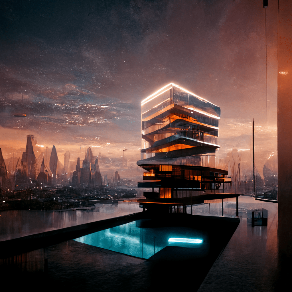 A futuristic, multi-level building with glowing lights stands beside a reflective pool at dusk, set against a cityscape of modern, abstract skyscrapers and a dramatic, cloudy sky.